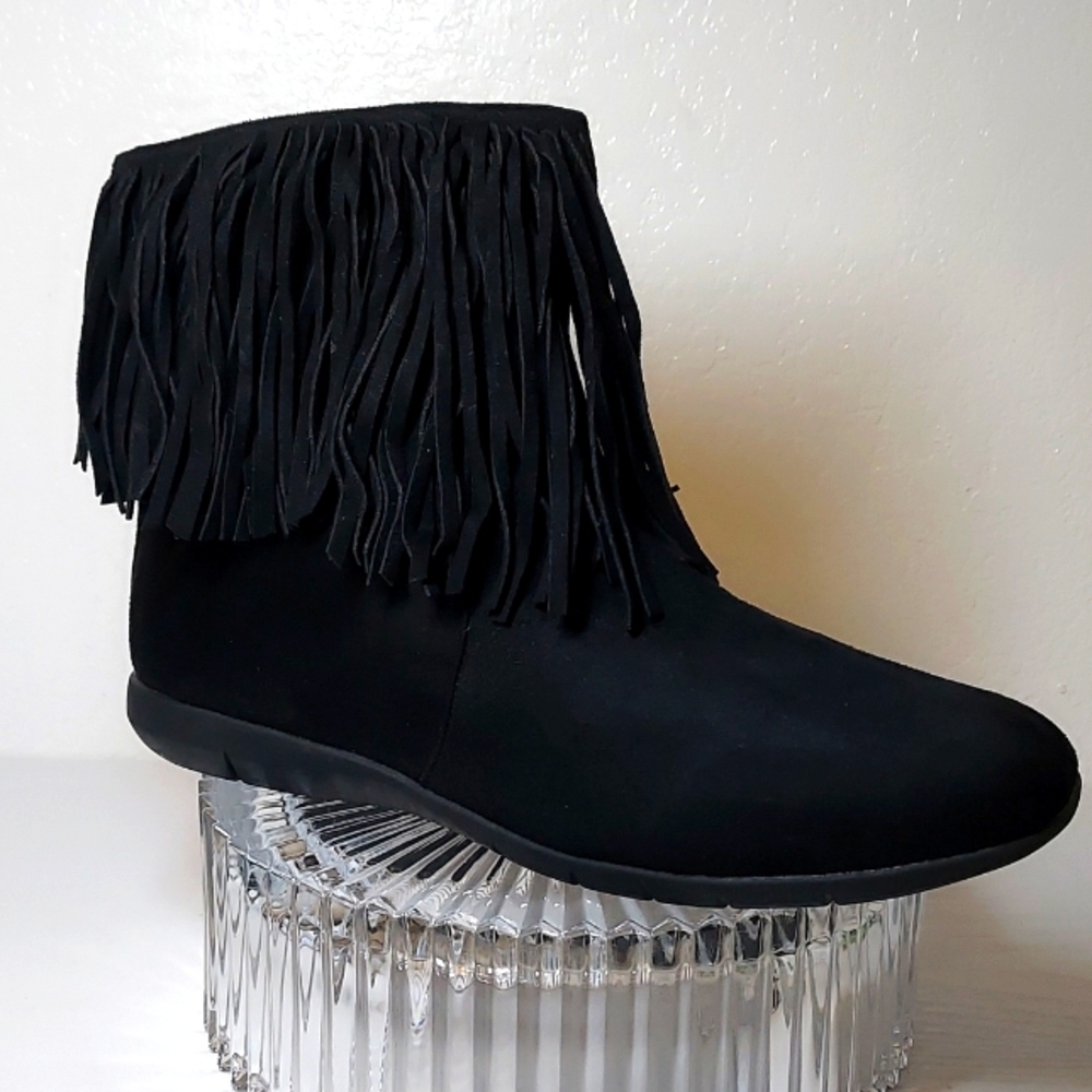 Womens Comfort View Regina Black Suede Fringe Ankle Boot Boho Hippie - Picture 3 of 10